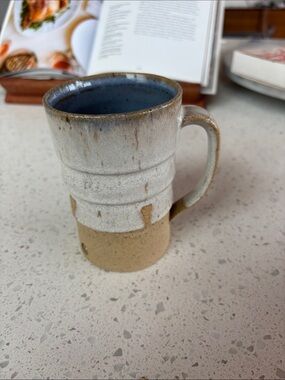Handcrafted Ceramic Mug - Blue Interior with Cream & Tan Exterior